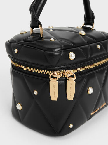 حقيبة فانيتي أروين مبطنة مزينة باللؤلؤ بمقبض علوي, أسود, hi-res