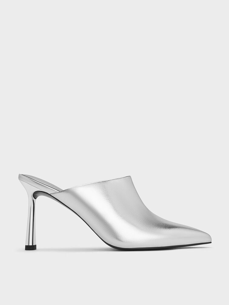 Metallic High-Vamp Pointed-Toe Heeled Mules, Silver, hi-res