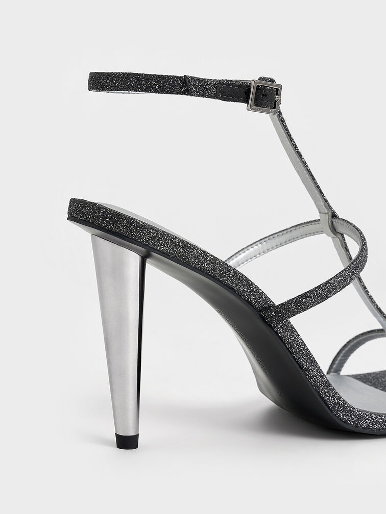 صندل بشريط كاحل على شكل حرف T بارز لامع, أسود خشن, hi-res