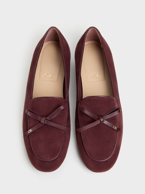 Leather & Suede Bow Loafers, Burgundy, hi-res