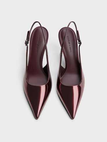Metallic Pointed Slingback Pumps, Burgundy, hi-res