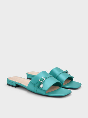 Satin Teardrop-Crystal Buckle-Strap Slide Sandals, Teal, hi-res