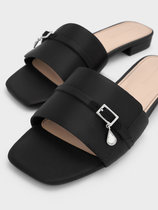 Satin Teardrop-Crystal Buckle-Strap Slide Sandals, Black Textured, hi-res