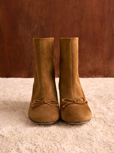 Aretha Suede Bow Kitten-Heel Calf Boots, Brown, hi-res