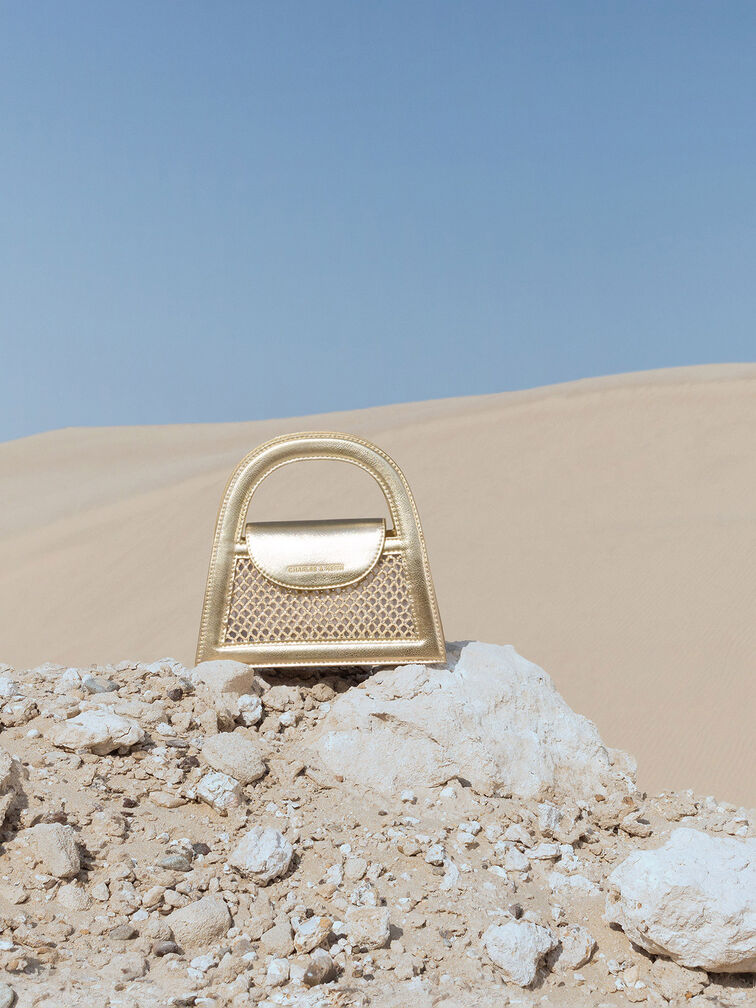 Este Metallic Crystal-Embellished Top Handle Bag, Gold, hi-res