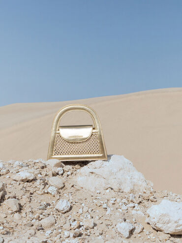 Este Metallic Crystal-Embellished Top Handle Bag, Gold, hi-res