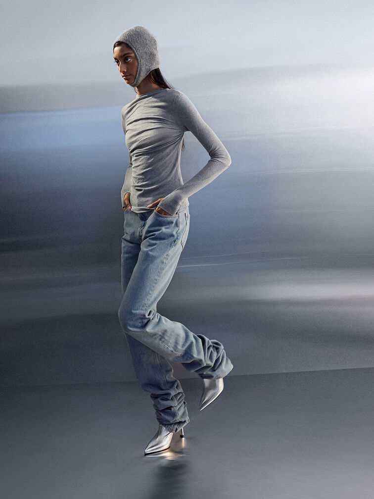 Metallic High-Vamp Pointed-Toe Heeled Mules, Silver, hi-res