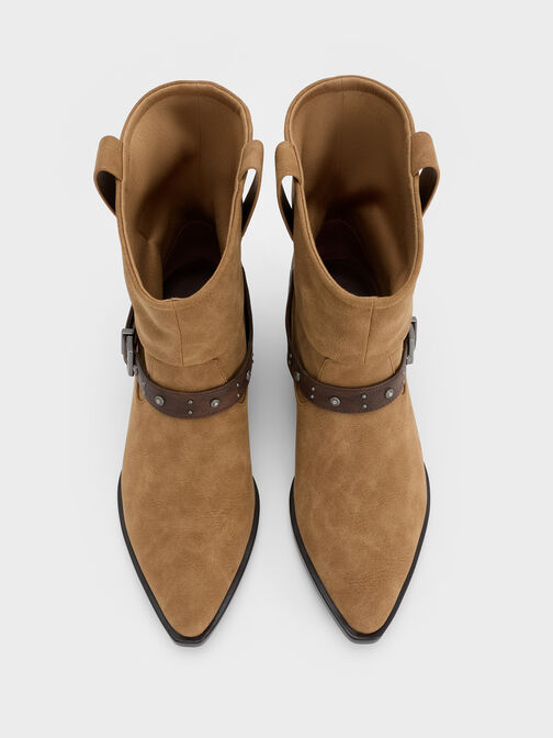 Faux Suede Studded-Strap Ruched Ankle Boots, Sand, hi-res