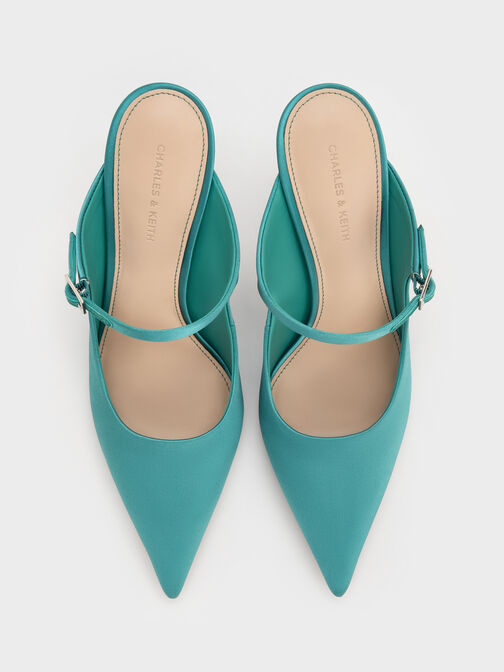Satin Teardrop-Crystal Buckle-Strap Stiletto-Heel Mules, Teal, hi-res