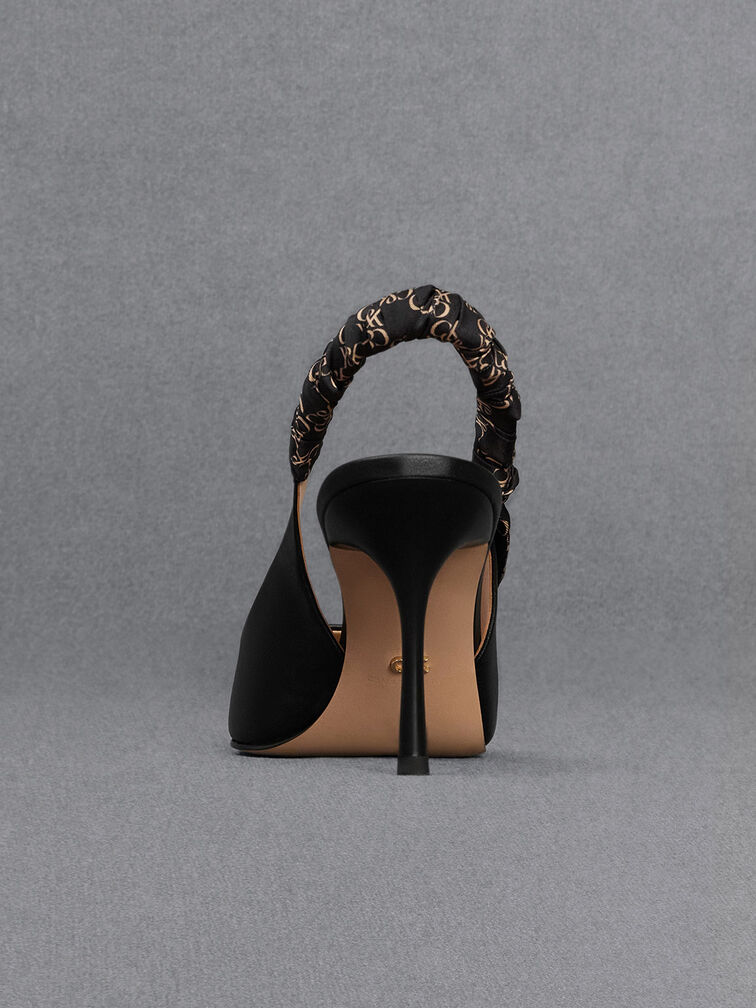 حذاء بامب تولي مفتوح من الخلف من الجلد بتفاصيل مجمّعة ونقشة, أسود, hi-res