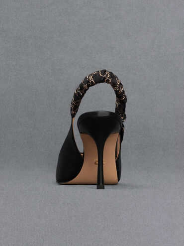 حذاء بامب تولي مفتوح من الخلف من الجلد بتفاصيل مجمّعة ونقشة, أسود, hi-res