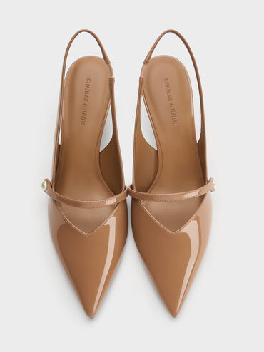 حذاء هيلينا كعب قصير حزام خلفي  من جلد لامع بمشبك لؤلؤي, كراميل, hi-res