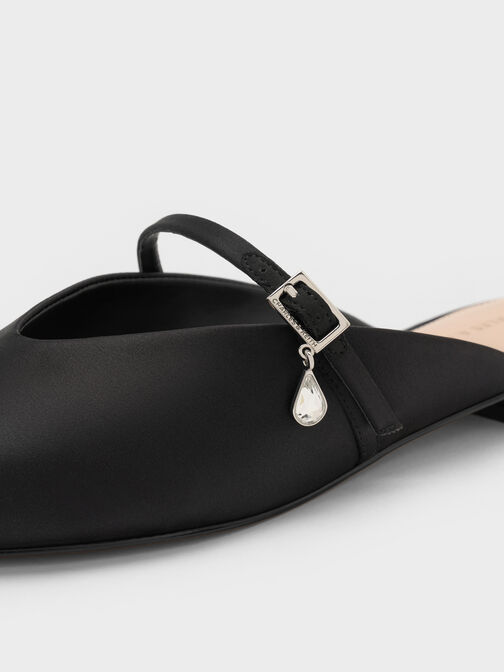 Satin Teardrop-Crystal Flat Mules, Black Textured, hi-res