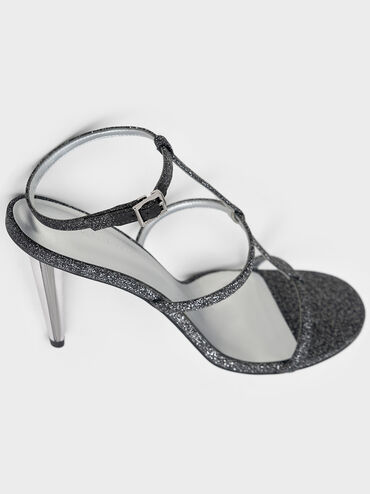 صندل بشريط كاحل على شكل حرف T بارز لامع, أسود خشن, hi-res