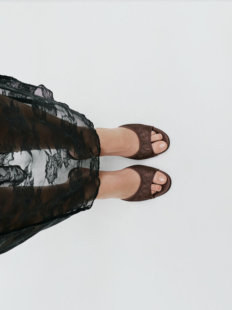 Lace Stiletto Mules, Dark Brown Textured, hi-res