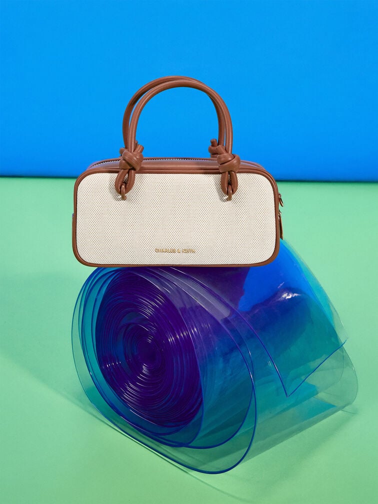 حقيبة مستطيلة سامي من القماش بمقبض مزين بعقدة, رمادي مائل للبني كانفاس, hi-res