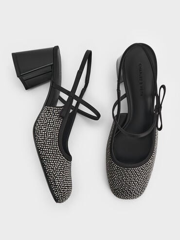 حذاء بامبس ساتان ماري جين لامع سليجنباك بحلية كريستالية, أسود خشن, hi-res