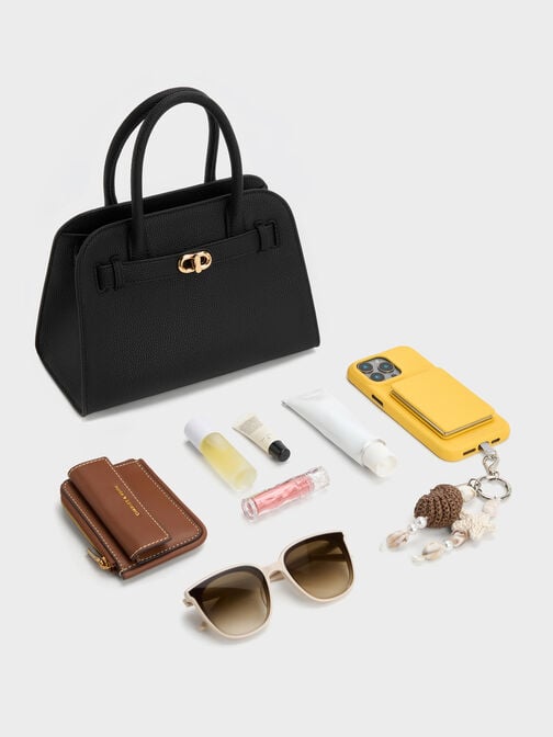 Aubrielle Belted Tote Bag, Black, hi-res