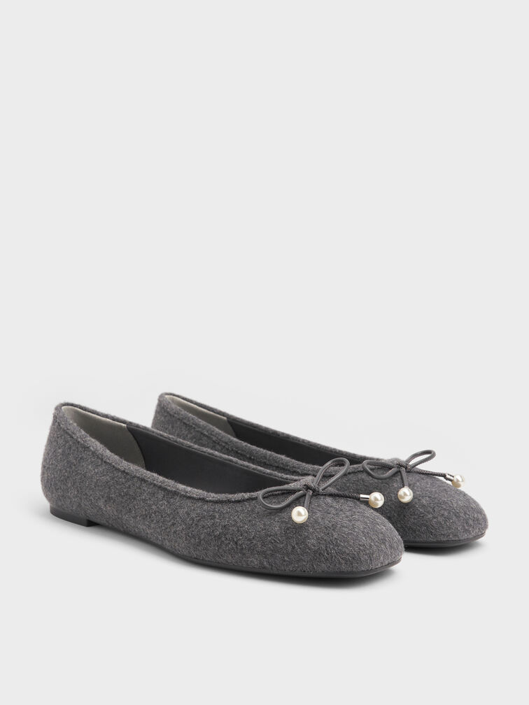 Barbara Felt Pearl-Bow Ballet Flats, Grey, hi-res