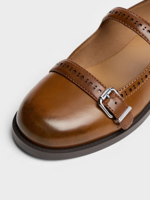 حذاء ماري جين بروج بحزام مزدوج, تان, hi-res