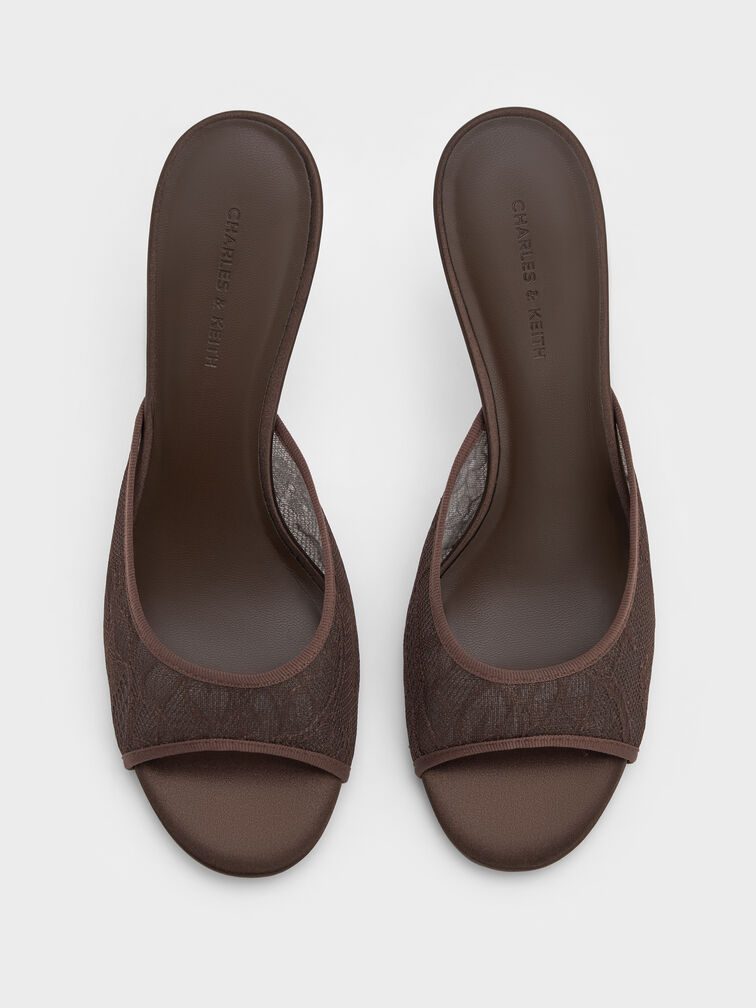 Lace Stiletto Mules, Dark Brown Textured, hi-res