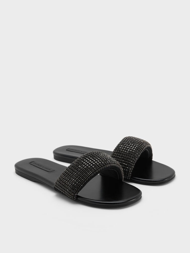 صندل شامواه صناعي مزين بالكريستال, أسود خشن, hi-res