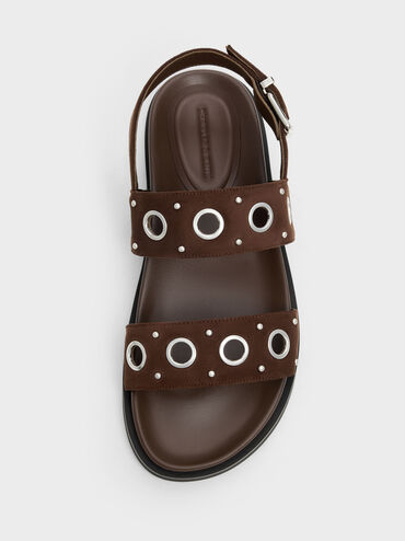 صندل مفتوح من الخلف من الجلد المدبوغ الصناعي مزود بفتحات معدنية, بني محبّب غامق, hi-res