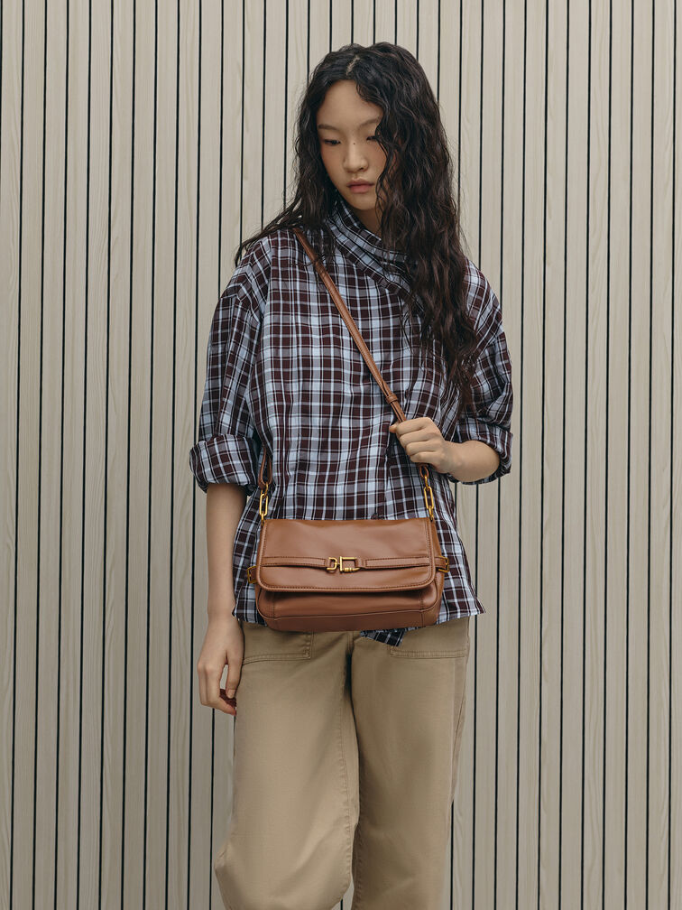 Gwynne Metallic-Buckle Belted Shoulder Bag, Chocolate, hi-res