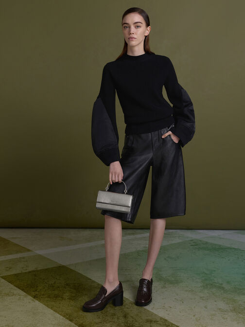 حذاء لوفر بكعب مربع بتفاصيل منسوجة وبإكسسوار معدني, أسود, hi-res