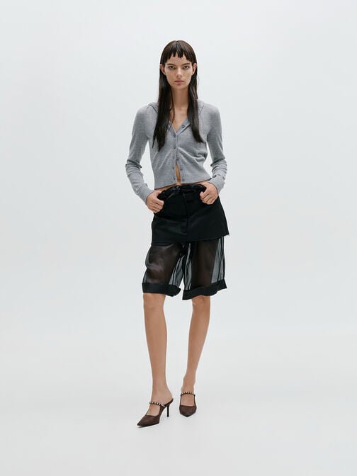 Lace & Satin Crystal Heeled Mules, Dark Brown Textured, hi-res