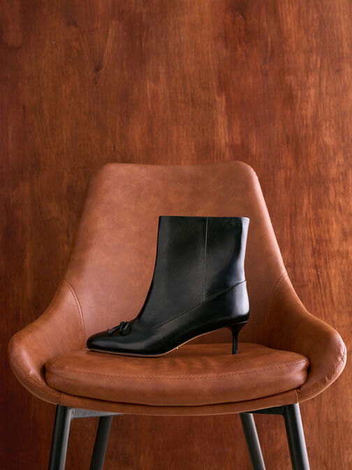 Aretha Leather Bow Kitten-Heel Calf Boots, Black, hi-res