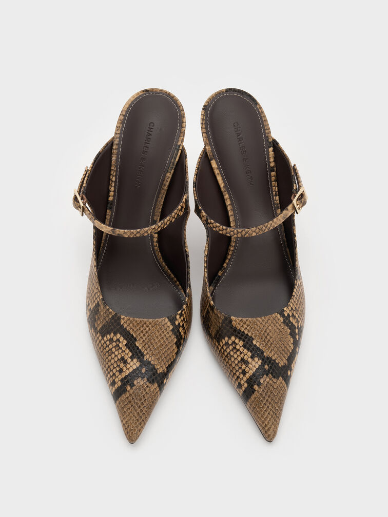 Snake-Print Buckle-Strap Stiletto-Heel Mules, Animal Print Natural, hi-res