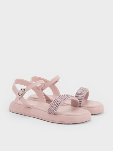 Girls' Crystal-Pearl Puffy Sandals, Light Pink, hi-res