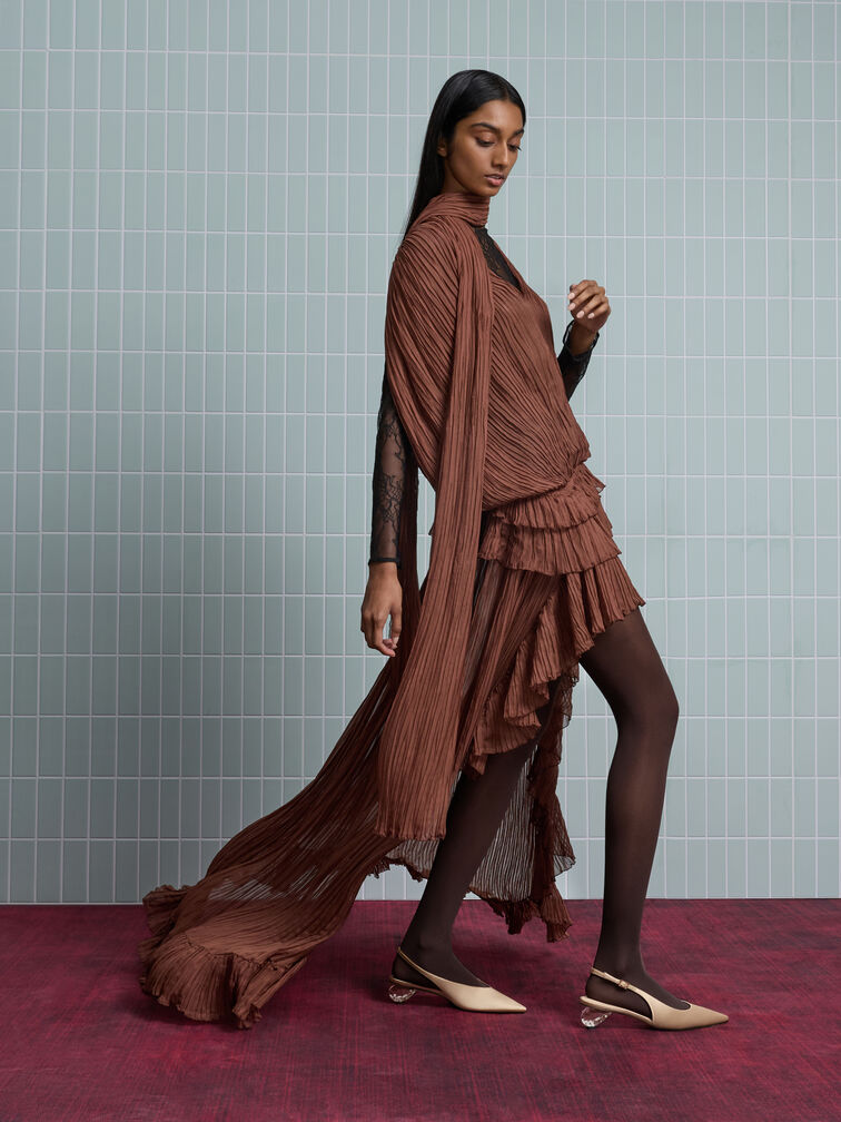 Satin Pointed-Toe Crystal-Heel Slingback Pumps, Gold, hi-res