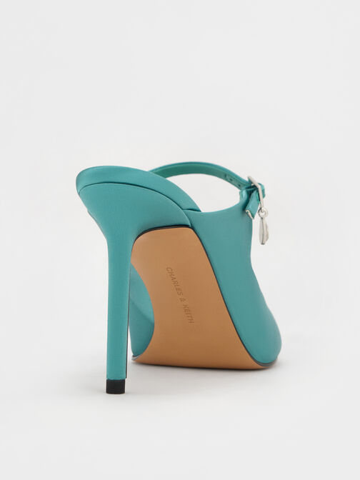 Satin Teardrop-Crystal Buckle-Strap Stiletto-Heel Mules, Teal, hi-res