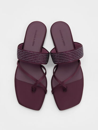 صندل ساتانكروس أوفر مزين بالكريستالات مع حلقة إصبع, برغندي, hi-res