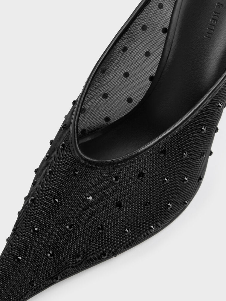 Mesh Crystal Pointed Heeled Mules, Black Textured, hi-res