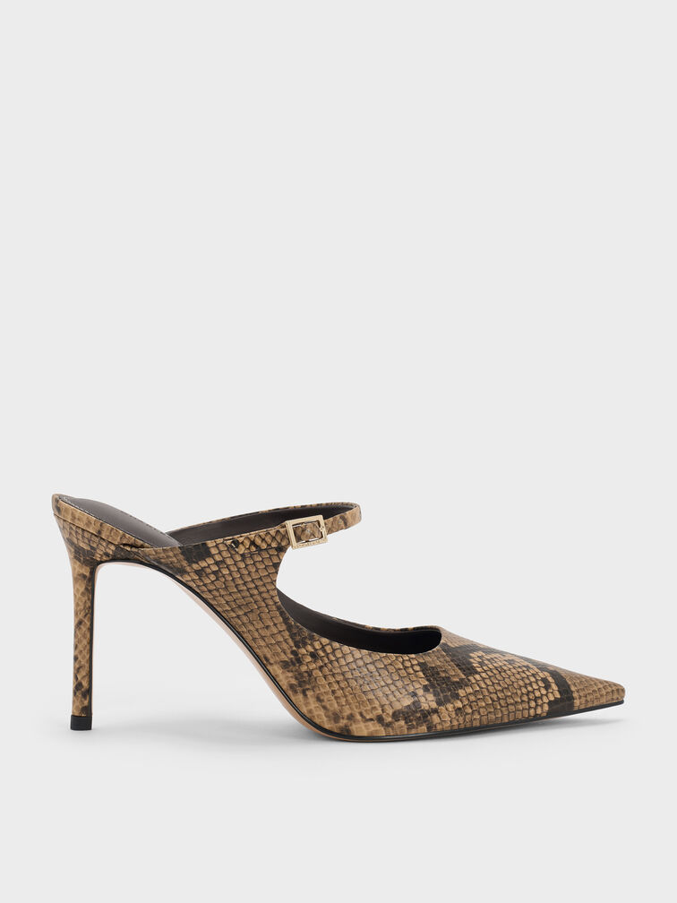 Snake-Print Buckle-Strap Stiletto-Heel Mules, Animal Print Natural, hi-res