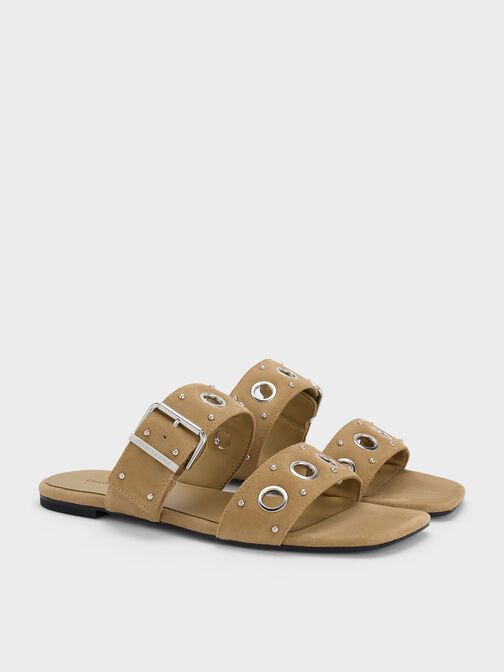 سلايدز من الجلد المدبوغ الصناعي مزودة بحلقات معدنية وإبزيم, رملي, hi-res