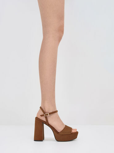 Satin Block-Heel Platform Sandals, Dark Brown Textured, hi-res