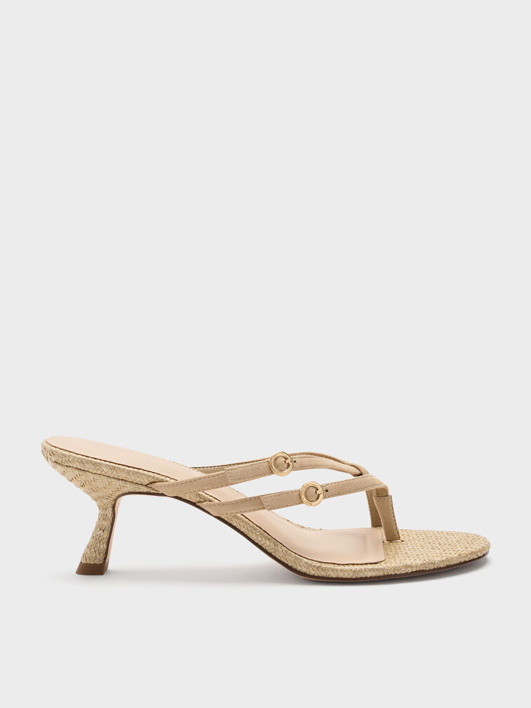 Faux Suede Crossover Toe-Ring Strappy Heels, Sand, hi-res