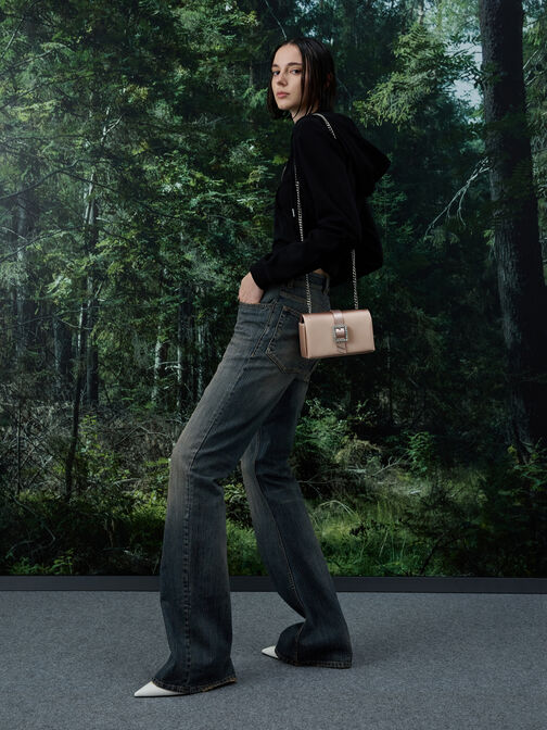 Satin Crystal-Buckle Belted Chain-Handle Bag, Sunset Nude, hi-res