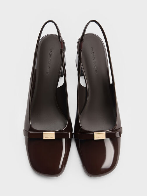 حذاء كعب عريض لامع بحزام خلفي وفيونكة, بني داكن, hi-res