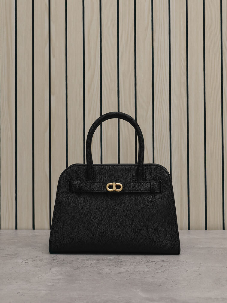 Aubrielle Belted Tote Bag, Black, hi-res