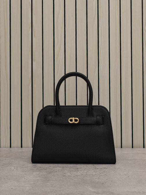 Aubrielle Belted Tote Bag, Black, hi-res