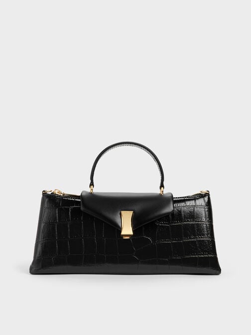 Lilibet Croc-Effect Elongated Top Handle Bag, Black, hi-res