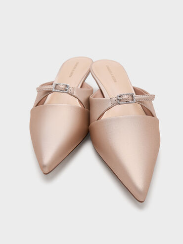 Crystal-Buckle Pointed-Toe Kitten-Heel Mules, Nude, hi-res