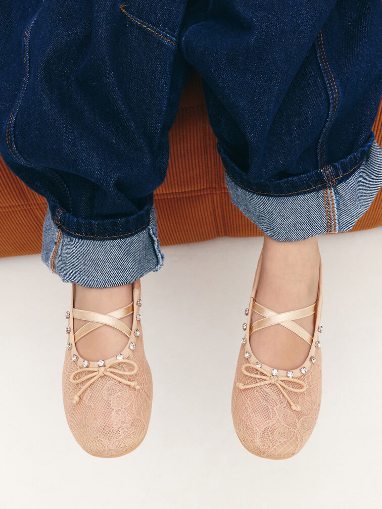 Girls' Lace Crystal Crossover Ballet Flats, Nude, hi-res