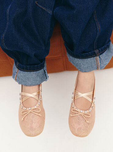 Girls' Lace Crystal Crossover Ballet Flats, Nude, hi-res