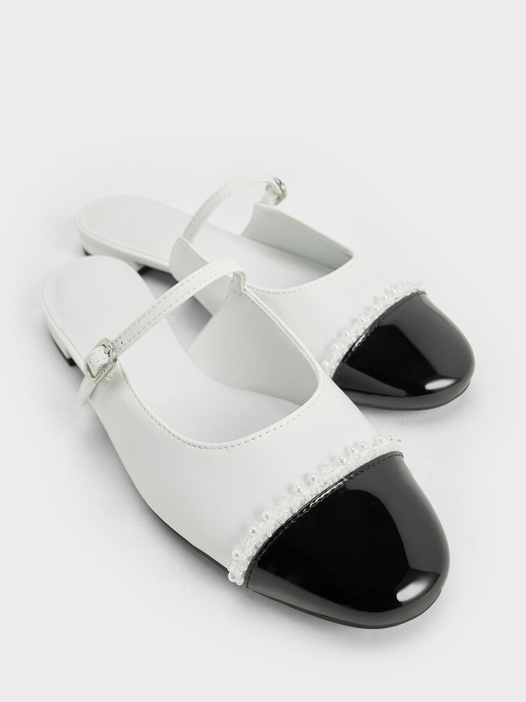 Pearl-Embellished Cap-Toe Flat Mules, White, hi-res